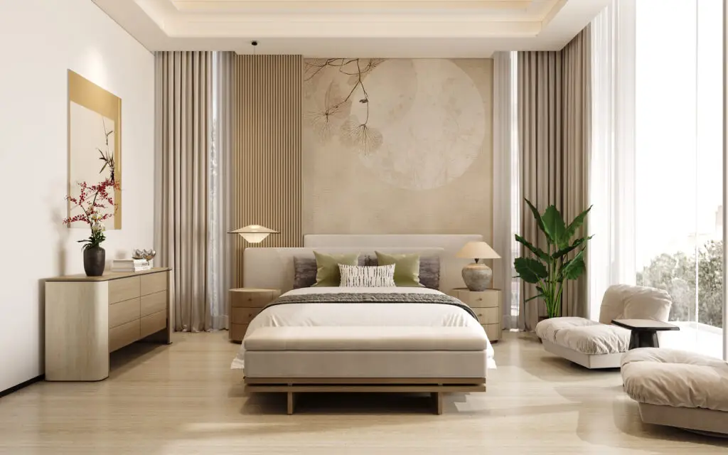 3. Contemporary bedroom showcasing a large bed and a vibrant wall mural, designed by Peng Space Interiors in Dubai Hills Villa.