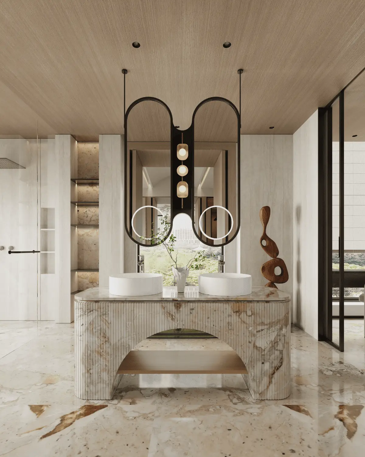 A luxurious bathroom featuring marble countertops and a large mirror incorporated with rich colors, designed by GuangDong Villa, China. A luxurious bathroom featuring marble countertops and a large mirror incorporated with rich colors, designed by GuangDong Villa, China.
