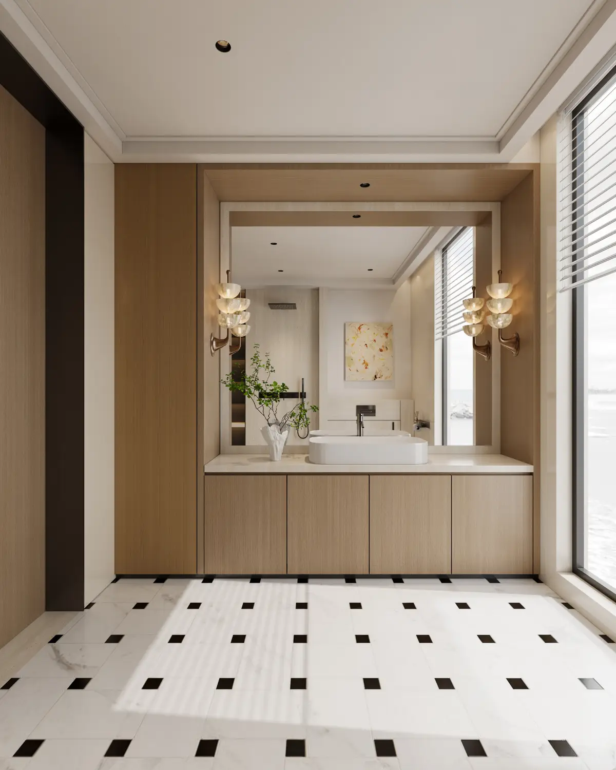 A stylish modern bathroom vanity with a chic combination of white and black floor tiles, emphasizing a clean and elegant look. A stylish modern bathroom vanity with a chic combination of white and black floor tiles, emphasizing a clean and elegant look.