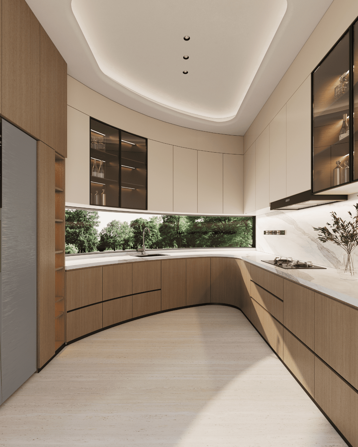 Contemporary kitchen with elegant wooden cabinetry and a unique curved wall accent. Contemporary kitchen with elegant wooden cabinetry and a unique curved wall accent.