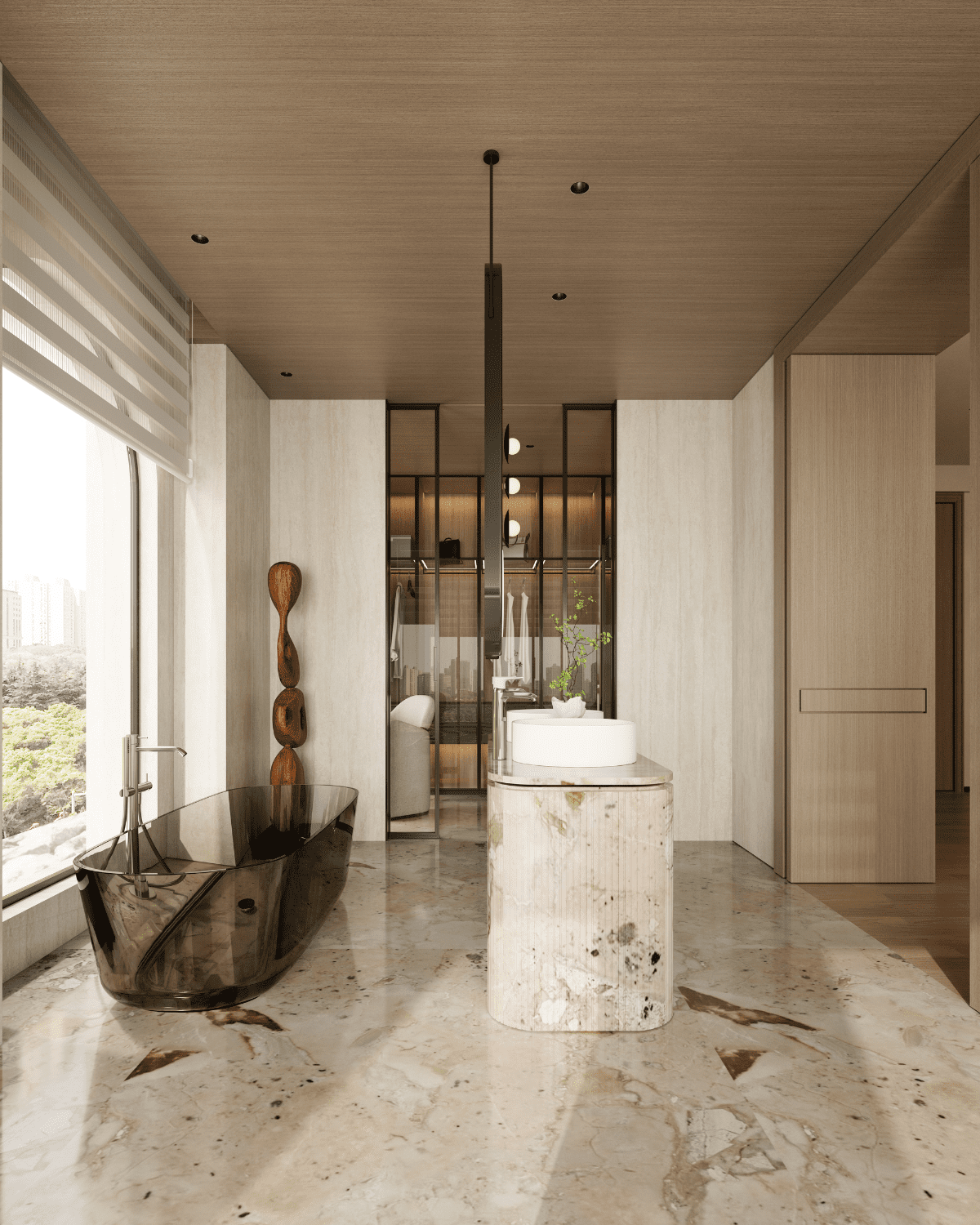 classic bathroom featuring marble flooring and large windows, designed by Peng Space Interiors in a Guangdong villa, China. classic bathroom featuring marble flooring and large windows, designed by Peng Space Interiors in a Guangdong villa, China.