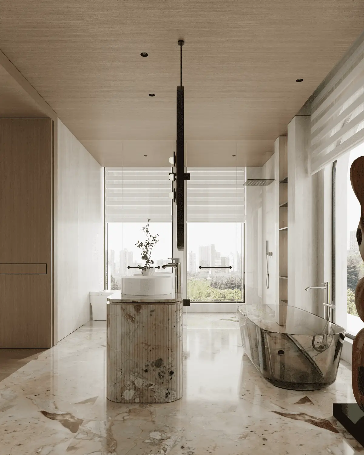 elegant bathroom featuring green glass bath tub, marbled vanity with expansive fixtures in modern villa guangdong china elegant bathroom featuring green glass bath tub, marbled vanity with expansive fixtures in modern villa guangdong china