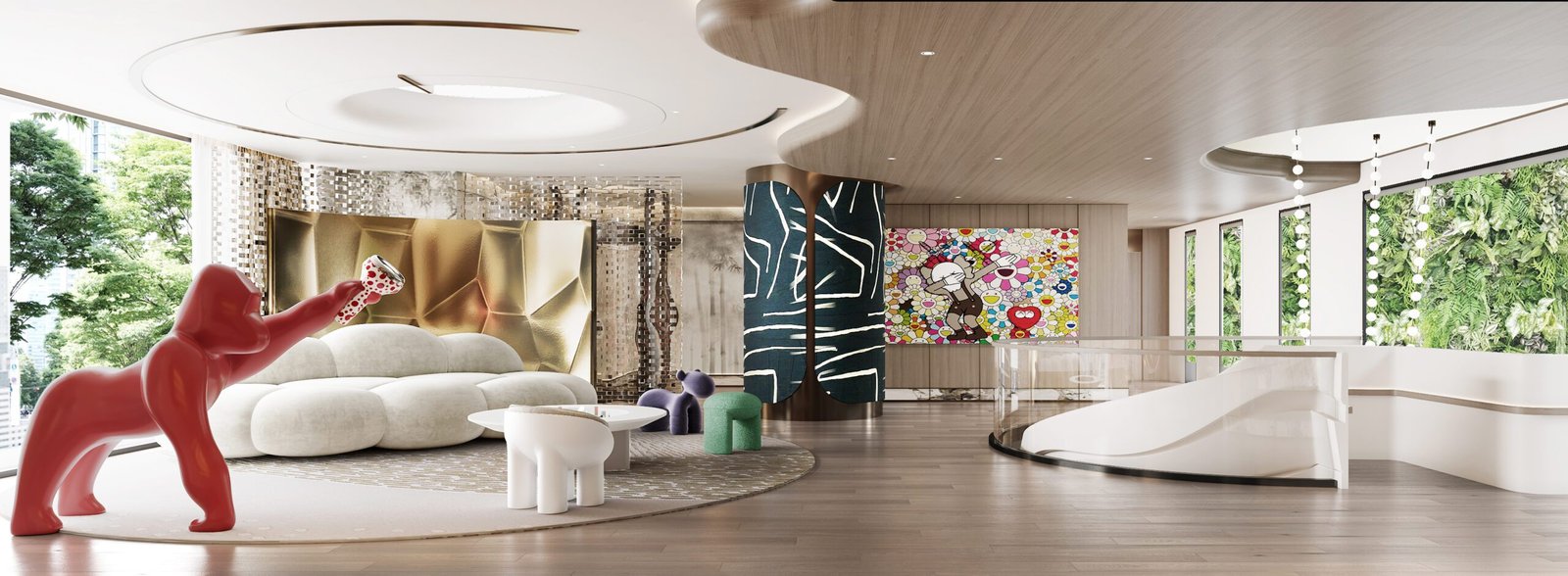 10. Modern lobby featuring a vibrant mural on the wall, a sweeping curved staircase, located in Villa Guangzhou, China, by Peng Space interiors