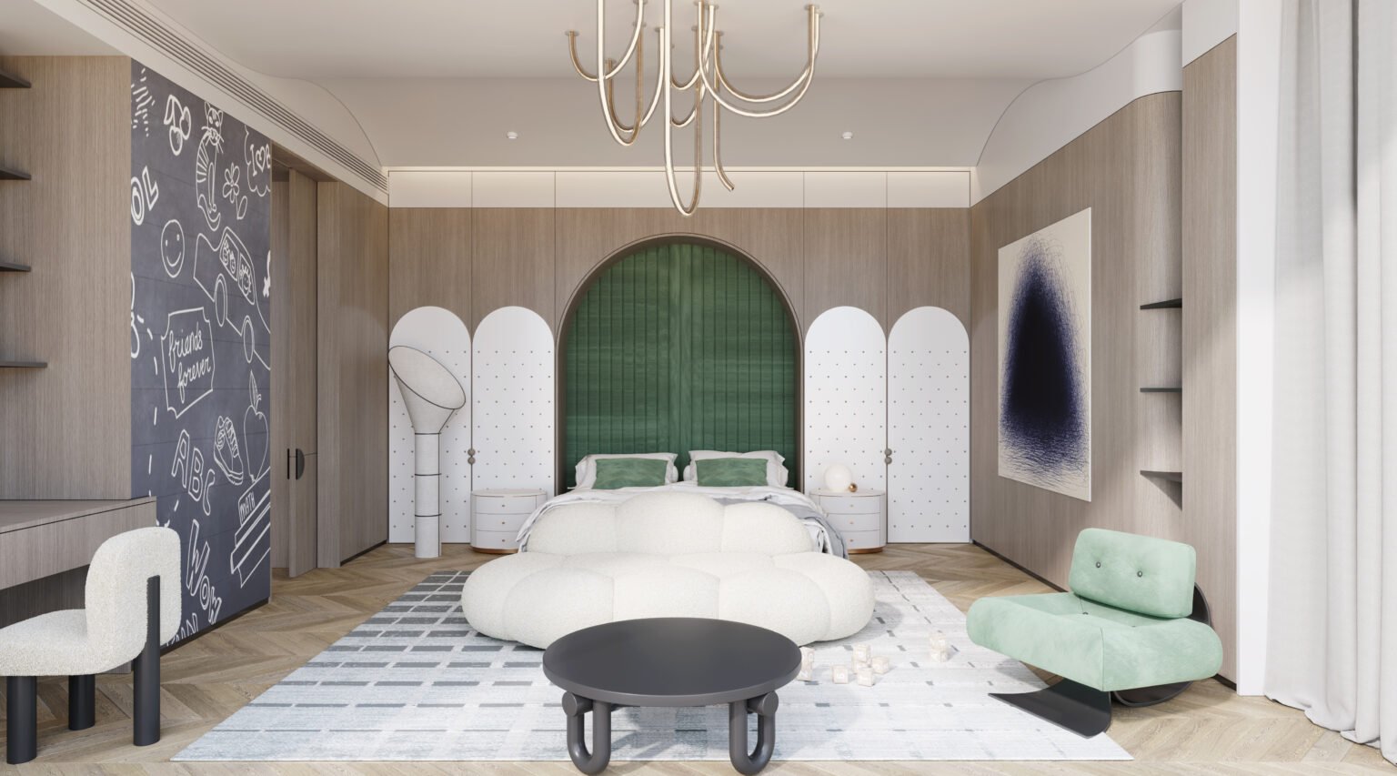 3. Modern bedroom featuring a green headboard and white furniture, designed by Peng Space Interiors in Villa Guangzhou, China.