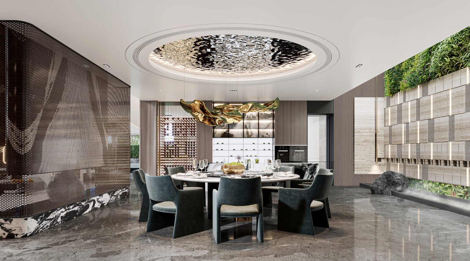 5. Elegant dining room showcasing a circular ceiling, part of Villa Guangzhou, China, by Peng Space Interiors from Dubai.
