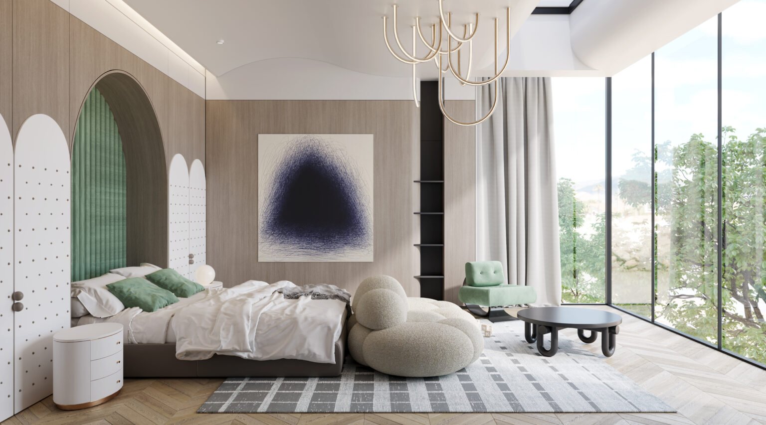 7. Luxurious bedroom showcasing a large bed and an oversized painting, part of the Villa Guangzhou project by Peng Space Interiors.