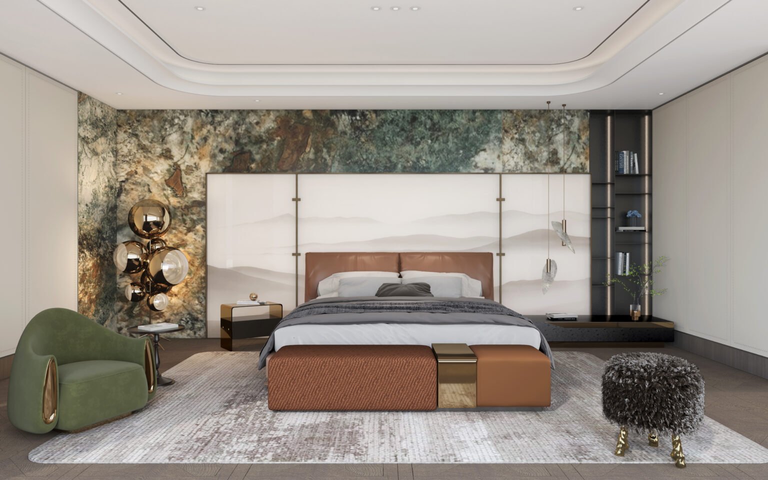 9. Stylish bedroom showcasing a prominent marble wall, part of Villa Guangzhou, China, designed by Peng Space Interiors, Dubai.