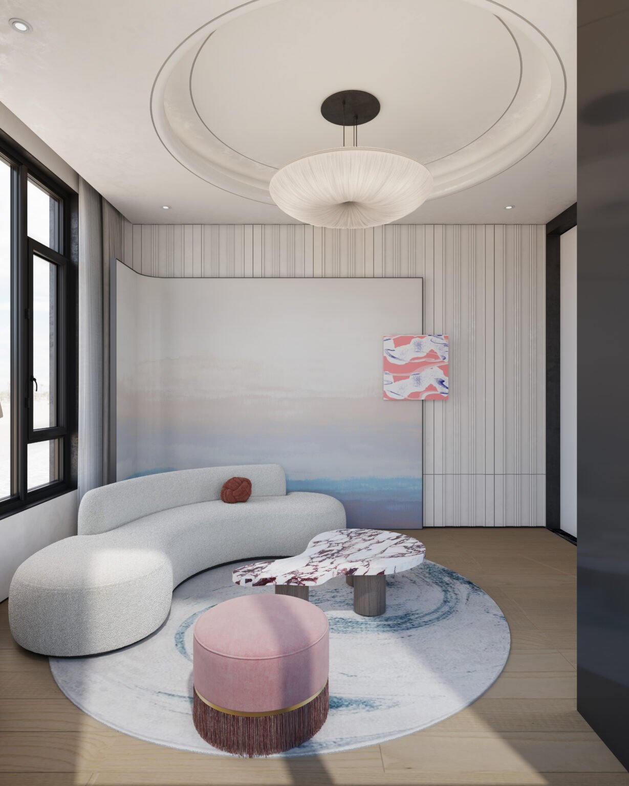 Out class living room interior in chinese style villa in china with plush sofa set and ergonomic furniture