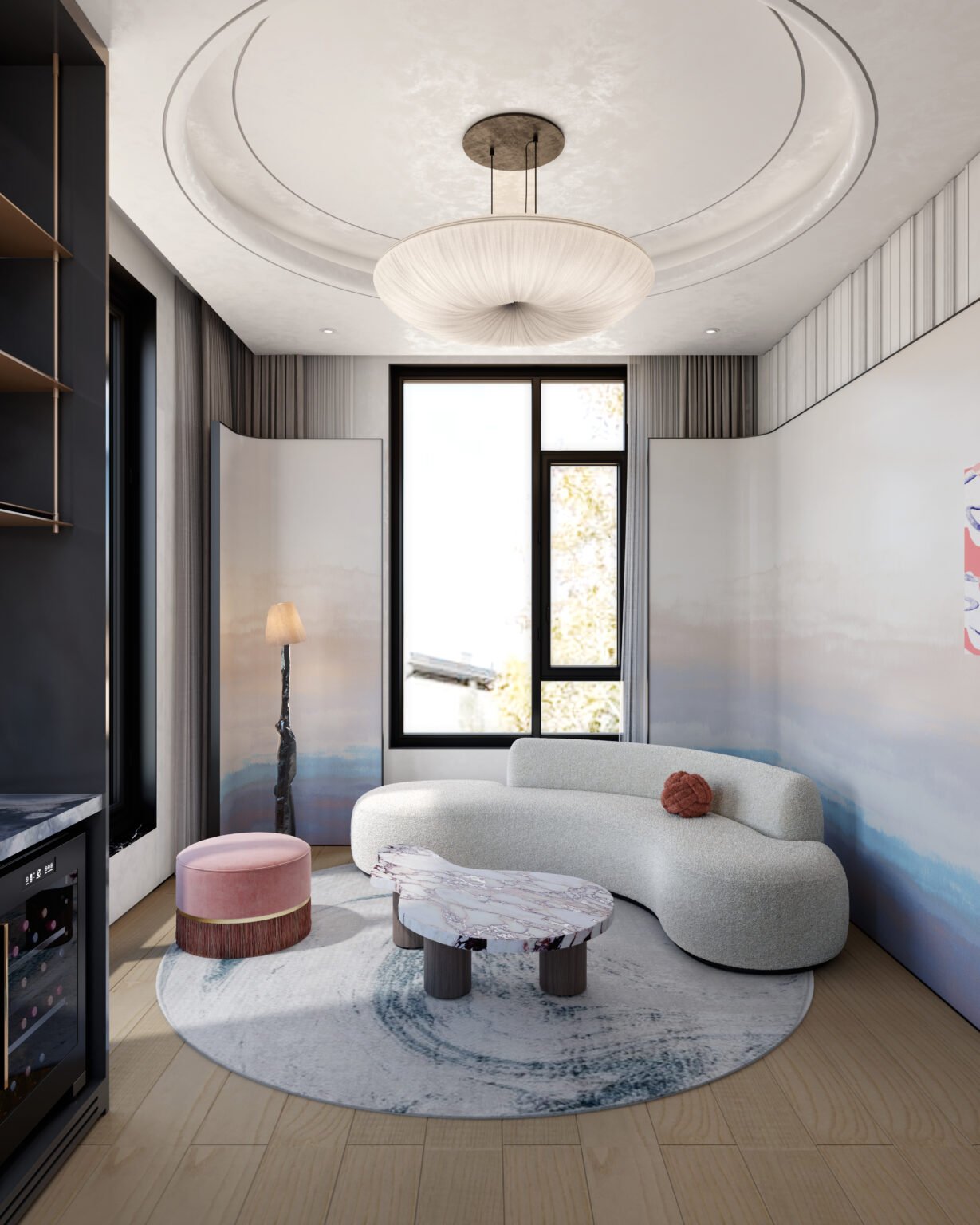 beautiful living room with modern furniture and wood flooring give exciting color combination with ceiling design in chiese villa in china