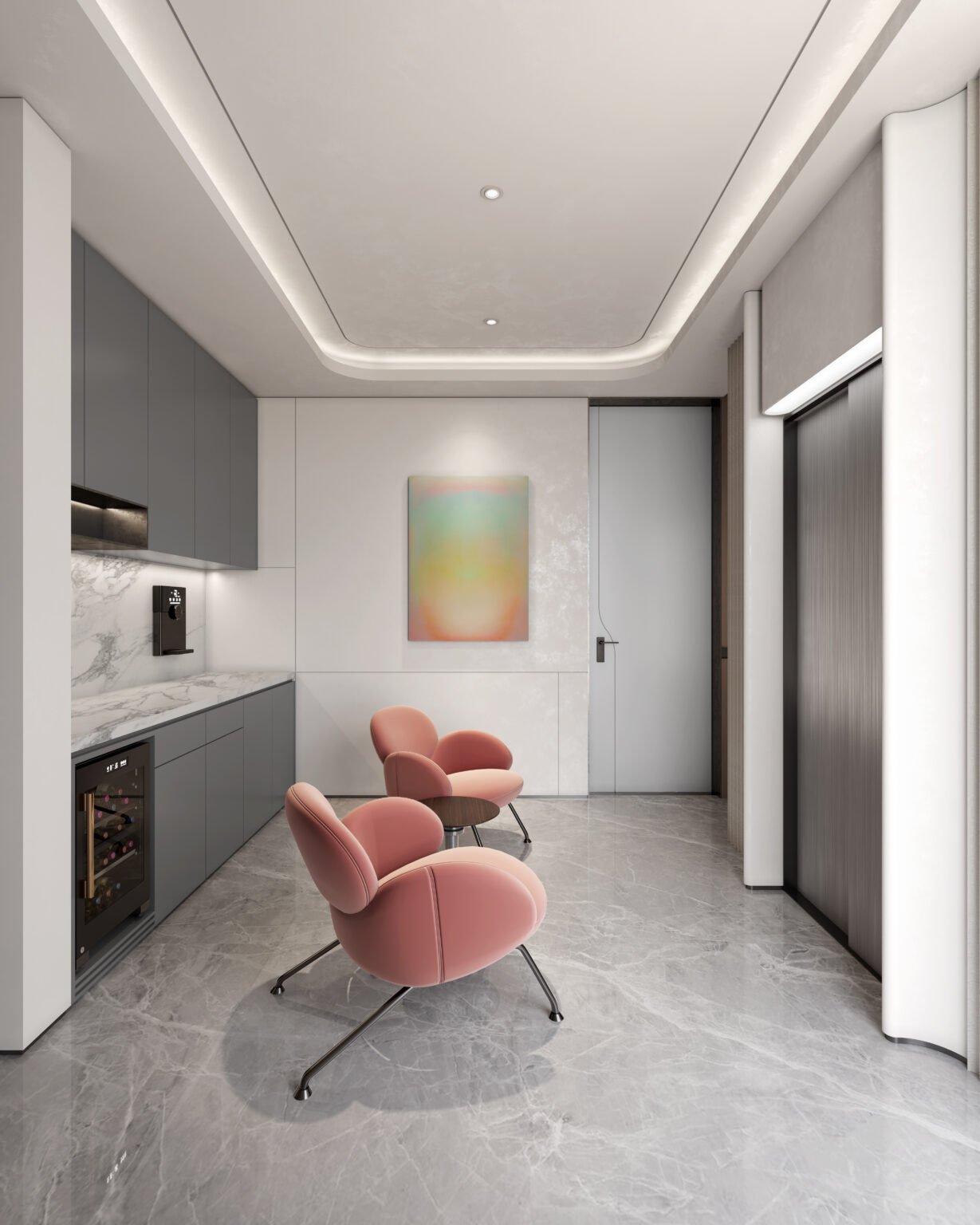 innovative design of modular kitchen with beqautiful ceiling design, sustainable flooring and ergonomic chairs