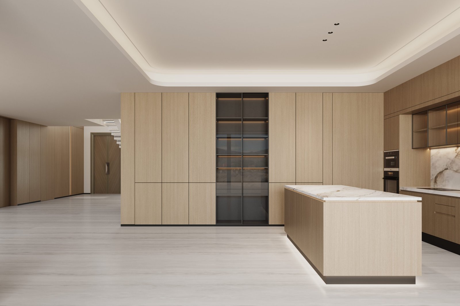 Spacious modern kitchen with light wood cabinets, marble countertops, and a central island. Minimalist design with soft ceiling lighting.
