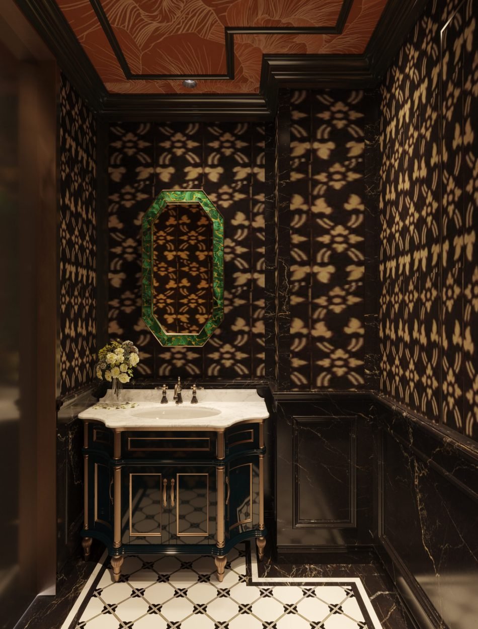14. Chic bathroom with gold and black wallpaper and a mirror, reflecting upscale design in chinese restaurant