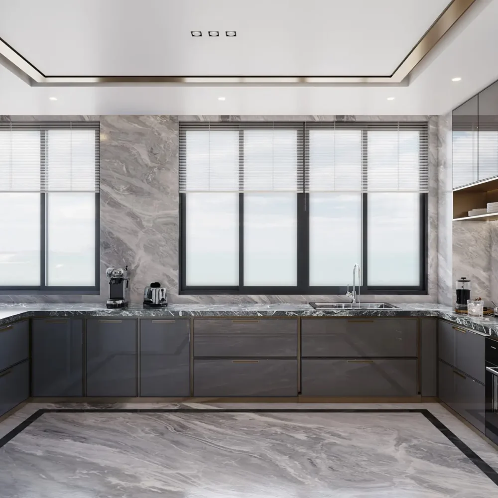A new style kitchen featuring sleek black cabinets and elegant marble countertops.