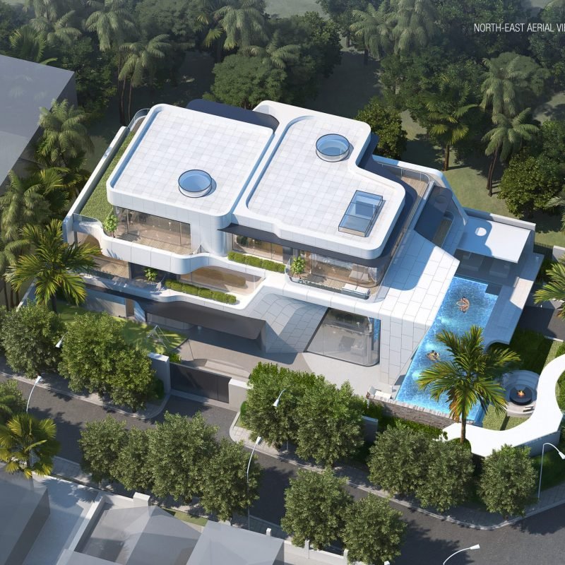 bird eye view of luxury and modern exterior of villa design