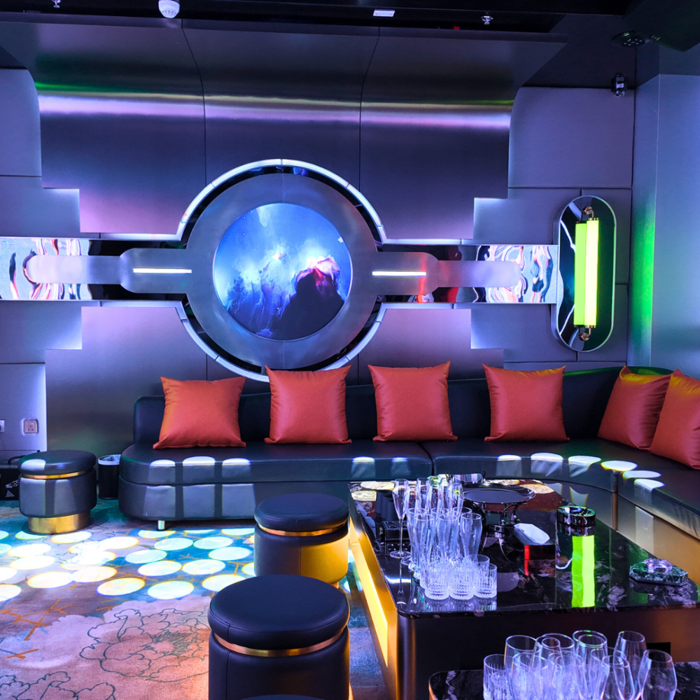 high tech karaoke room with audio visual system in bar interior design in dubai